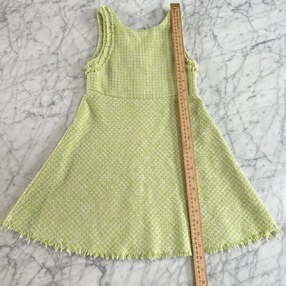 Zara A-line Dress Tweed Sleeveless Fringed Raw Hem Back Zip Green Girls Sz 7